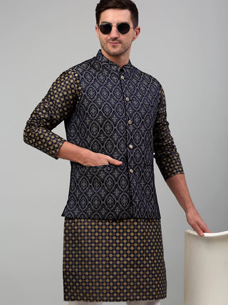 Men's Woven Design Nehru Jacket with Printed Kurta Pyjama Set