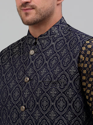 Men's Woven Design Nehru Jacket with Printed Kurta Pyjama Set