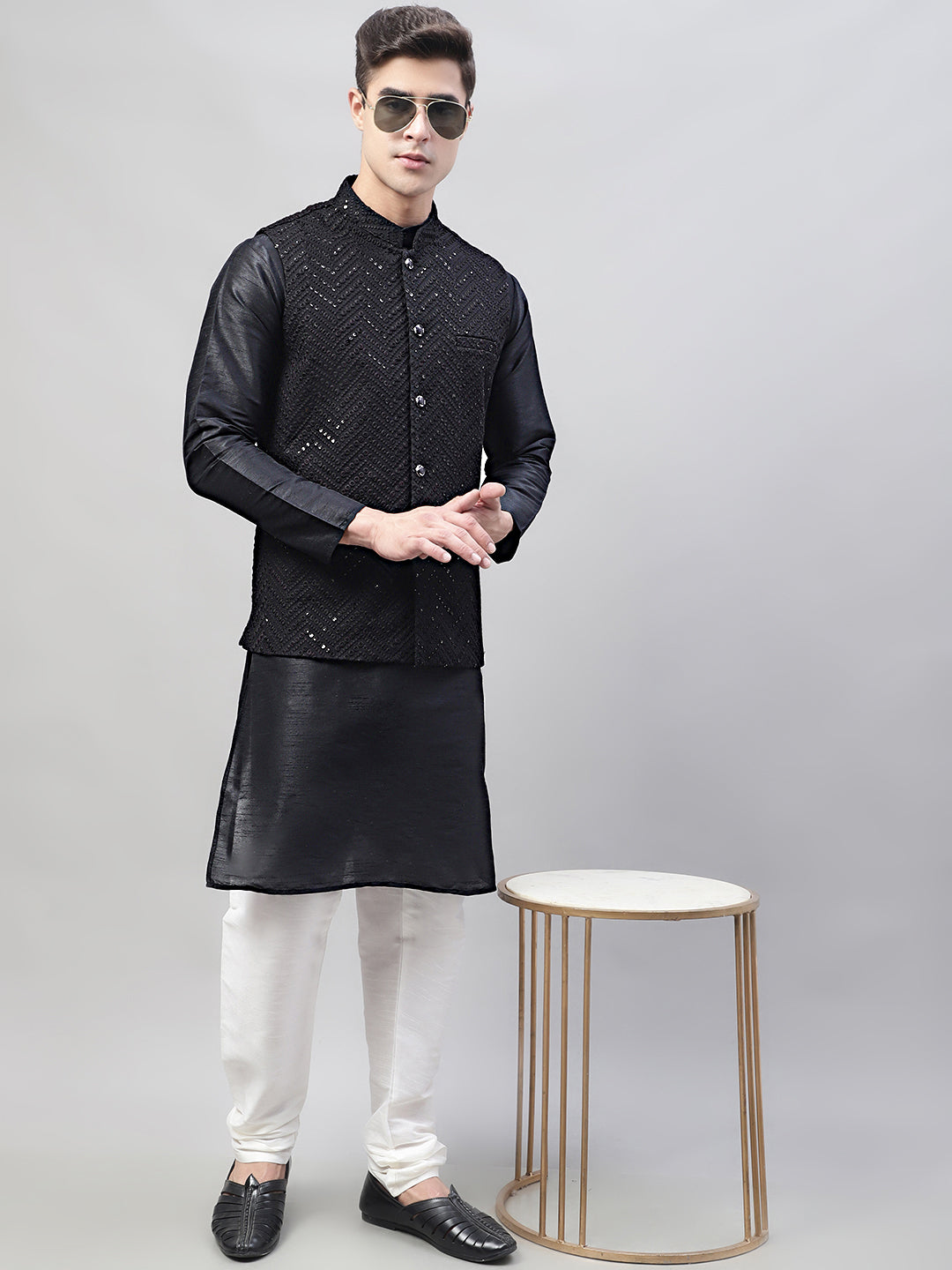 Buy Men Black and Maroon Self Design Kurta with Nehru Jacket