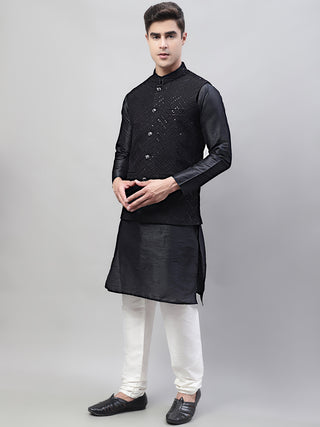 Men Black Solid Kurta Pyjama with  Black Embroidered Nehru Jacket