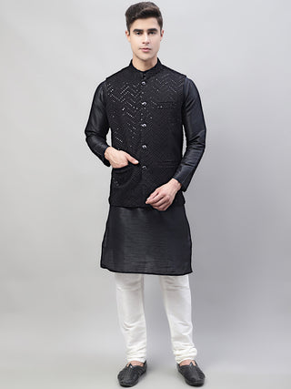 Men Black Solid Kurta Pyjama with  Black Embroidered Nehru Jacket