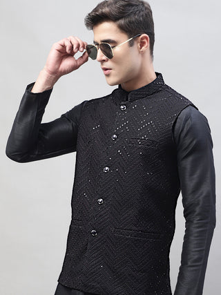 Men Black Solid Kurta Pyjama with  Black Embroidered Nehru Jacket