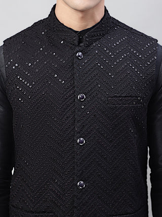 Men Black Solid Kurta Pyjama with  Black Embroidered Nehru Jacket