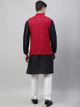 Men Black Solid Kurta Pyjama with  Maroon Embroidered Nehru Jacket