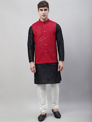 Men Black Solid Kurta Pyjama with  Maroon Embroidered Nehru Jacket
