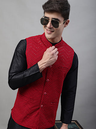 Men Black Solid Kurta Pyjama with  Maroon Embroidered Nehru Jacket