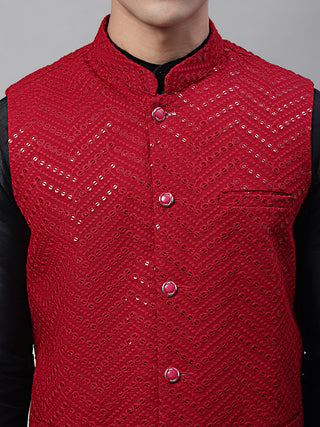 Men Black Solid Kurta Pyjama with  Maroon Embroidered Nehru Jacket