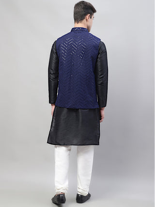 Men Black Solid Kurta Pyjama with  Navy Blue Embroidered Nehru Jacket