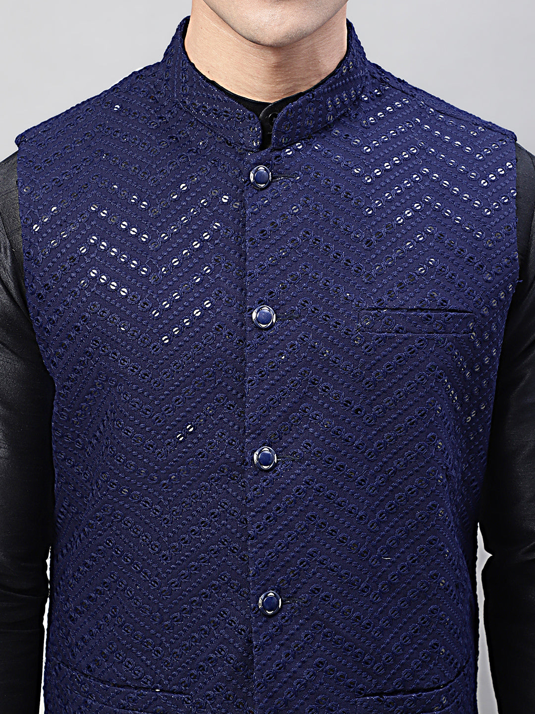 Men Black Solid Kurta Pyjama with  Navy Blue Embroidered Nehru Jacket