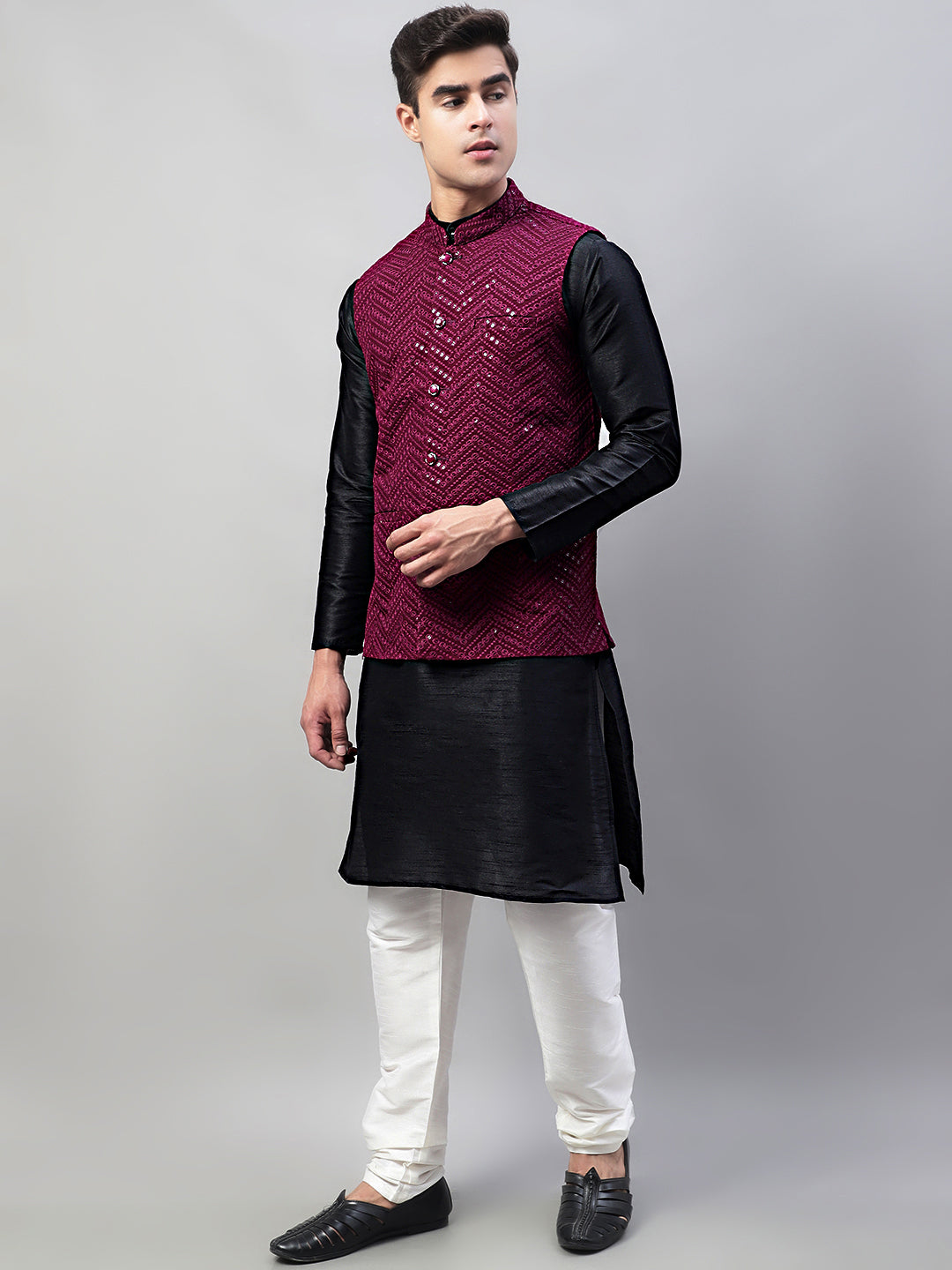 Men Black Solid Kurta Pyjama with  Purple Embroidered Nehru Jacket