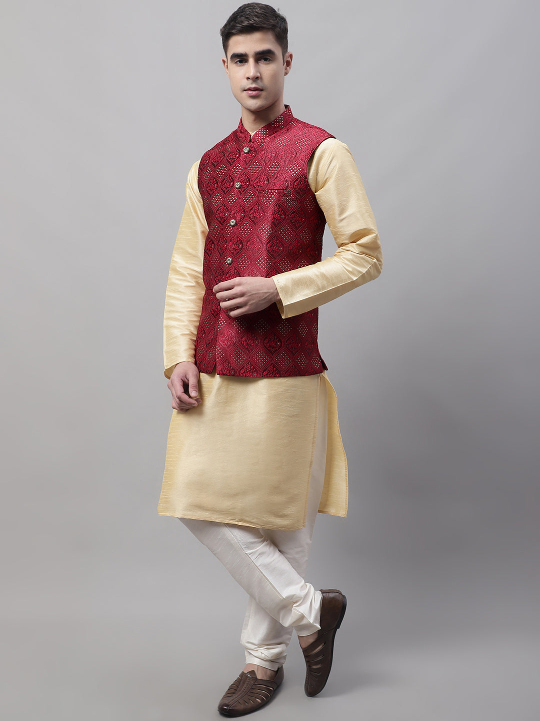 Men Golden Solid Kurta Pyjama with Maroon Woven Design Nehru Jacket