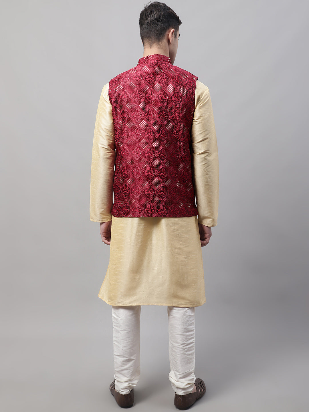 Men Golden Solid Kurta Pyjama with Maroon Woven Design Nehru Jacket