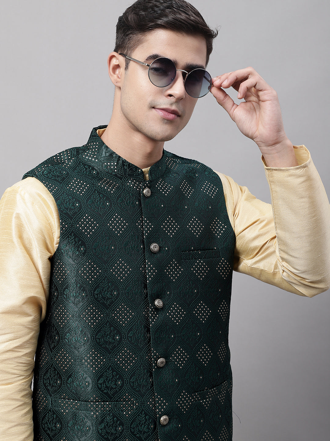 Men Golden Solid Kurta Pyjama with Olive Woven Design Nehru Jacket