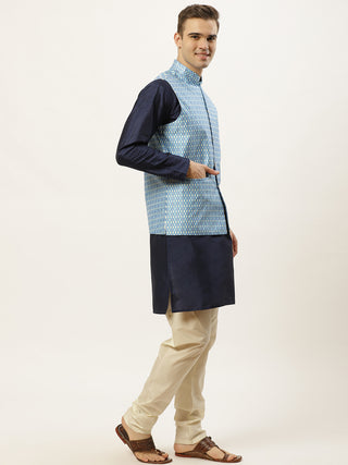 Men's Ikat Printed Nehru Jacket and Kurta Pyjama Set