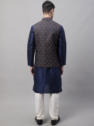 Men Navy Blue Solid Kurta Pyjama with  Brown Woven Design Nehru Jacket