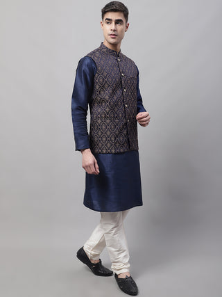 Men Navy Blue Solid Kurta Pyjama with  Brown Woven Design Nehru Jacket