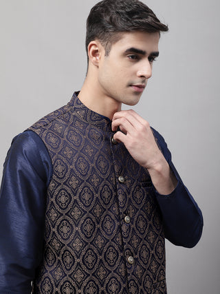 Men Navy Blue Solid Kurta Pyjama with  Brown Woven Design Nehru Jacket