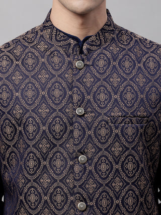 Men Navy Blue Solid Kurta Pyjama with  Brown Woven Design Nehru Jacket