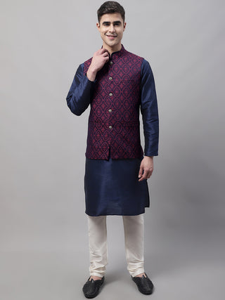 Men Navy Blue Solid Kurta Pyjama with  Maroon Woven Design Nehru Jacket