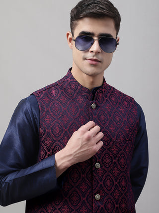 Men Navy Blue Solid Kurta Pyjama with  Maroon Woven Design Nehru Jacket