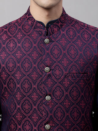 Men Navy Blue Solid Kurta Pyjama with  Maroon Woven Design Nehru Jacket