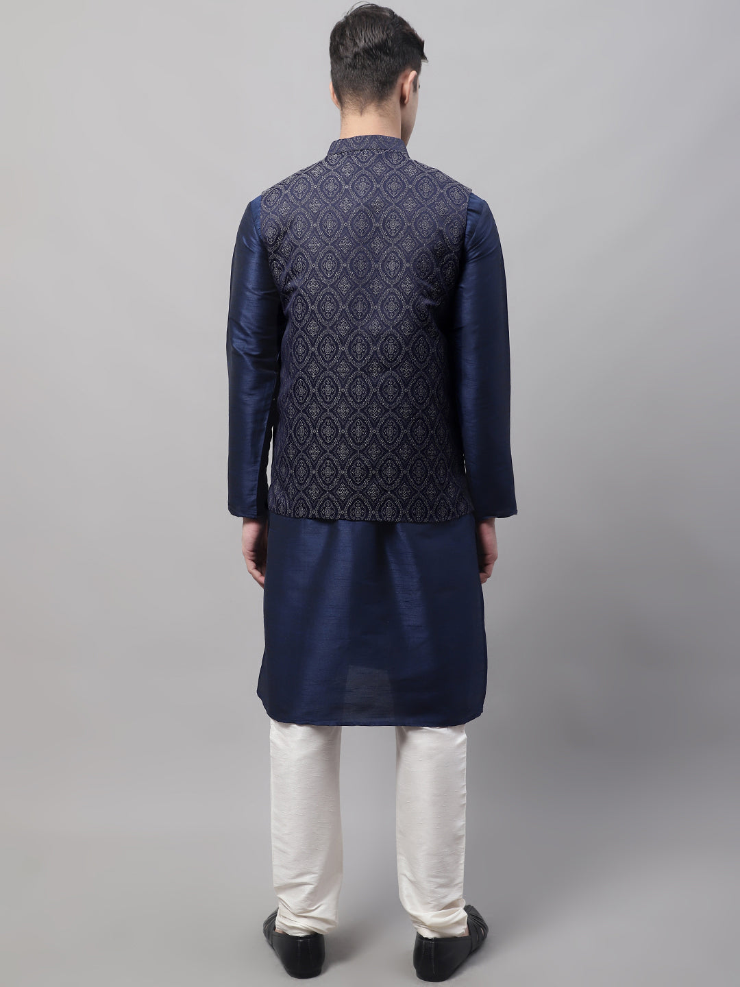 Men Navy Blue Solid Kurta Pyjama with  Silver Woven Design Nehru Jacket