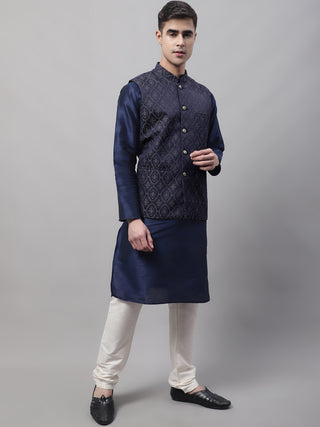 Men Navy Blue Solid Kurta Pyjama with  Silver Woven Design Nehru Jacket