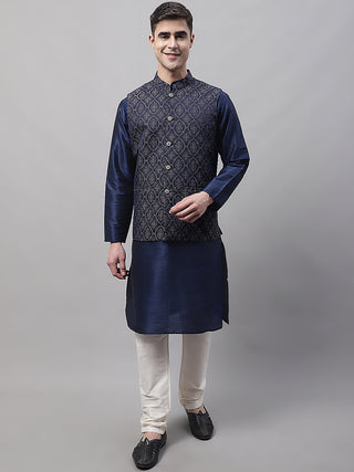 Men Navy Blue Solid Kurta Pyjama with  Silver Woven Design Nehru Jacket