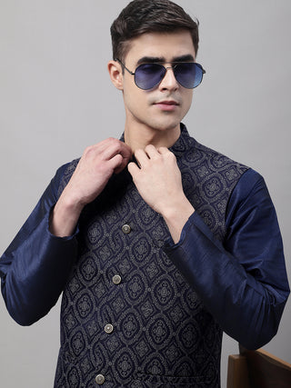 Men Navy Blue Solid Kurta Pyjama with  Silver Woven Design Nehru Jacket