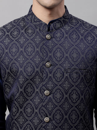 Men Navy Blue Solid Kurta Pyjama with  Silver Woven Design Nehru Jacket