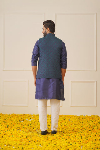 Men Navy Blue Solid Kurta Pyjama with  Green Woven Design Nehru Jacket