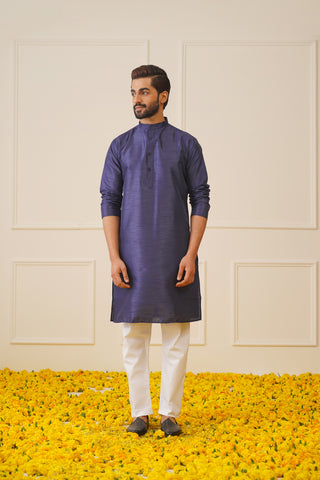 Men Navy Blue Solid Kurta Pyjama with  Green Woven Design Nehru Jacket