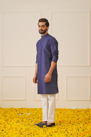 Men Navy Blue Solid Kurta Pyjama with  Green Woven Design Nehru Jacket