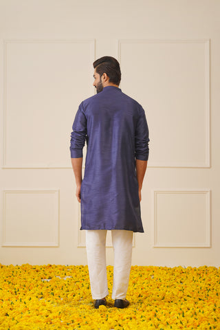 Men Navy Blue Solid Kurta Pyjama with  Green Woven Design Nehru Jacket