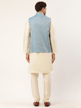 Men's Woven Design Nehru Jacket and Kurta Pyjama Set