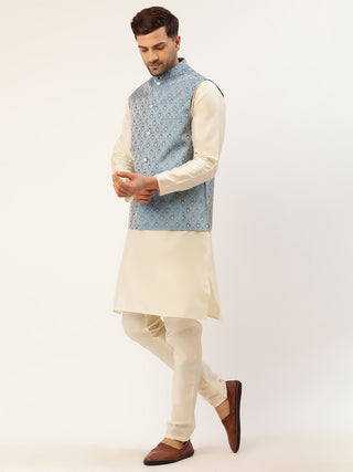 Men's Woven Design Nehru Jacket and Kurta Pyjama Set