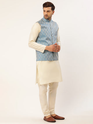 Men's Woven Design Nehru Jacket and Kurta Pyjama Set