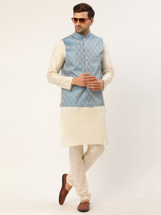 Men's Woven Design Nehru Jacket and Kurta Pyjama Set