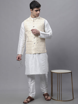 Men off-White Solid Kurta Pyjama with  Golden Woven Design Nehru Jacket