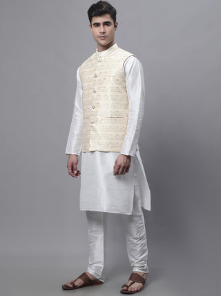 Men off-White Solid Kurta Pyjama with  Golden Woven Design Nehru Jacket