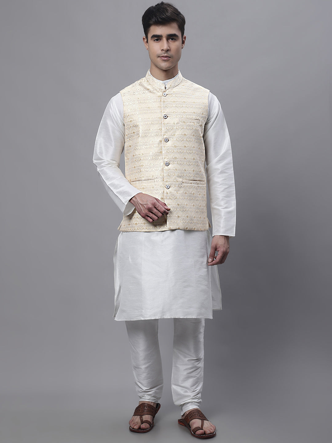 Men off-White Solid Kurta Pyjama with  Golden Woven Design Nehru Jacket