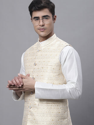 Men off-White Solid Kurta Pyjama with  Golden Woven Design Nehru Jacket