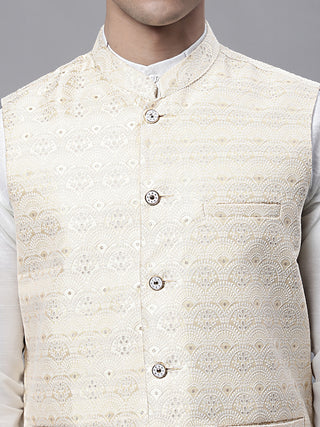 Men off-White Solid Kurta Pyjama with  Golden Woven Design Nehru Jacket