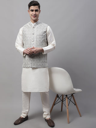 Men off-White Solid Kurta Pyjama with  Grey Woven Design Nehru Jacket