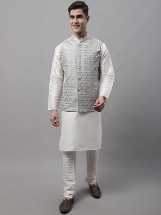 Men off-White Solid Kurta Pyjama with  Grey Woven Design Nehru Jacket