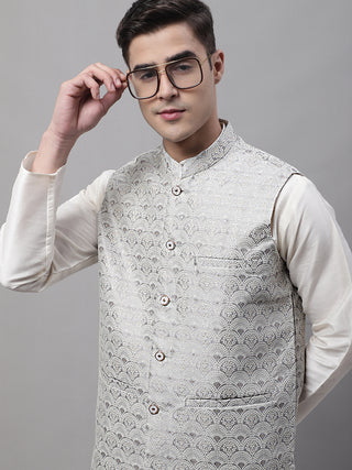 Men off-White Solid Kurta Pyjama with  Grey Woven Design Nehru Jacket