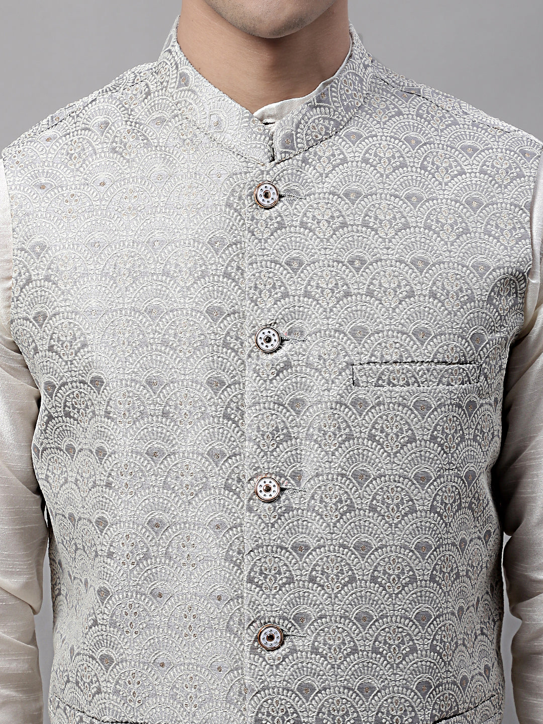 Men off-White Solid Kurta Pyjama with  Grey Woven Design Nehru Jacket