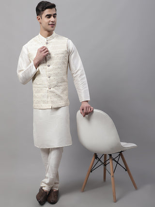 Men off-White Solid Kurta Pyjama with  Cream Woven Design Nehru Jacket