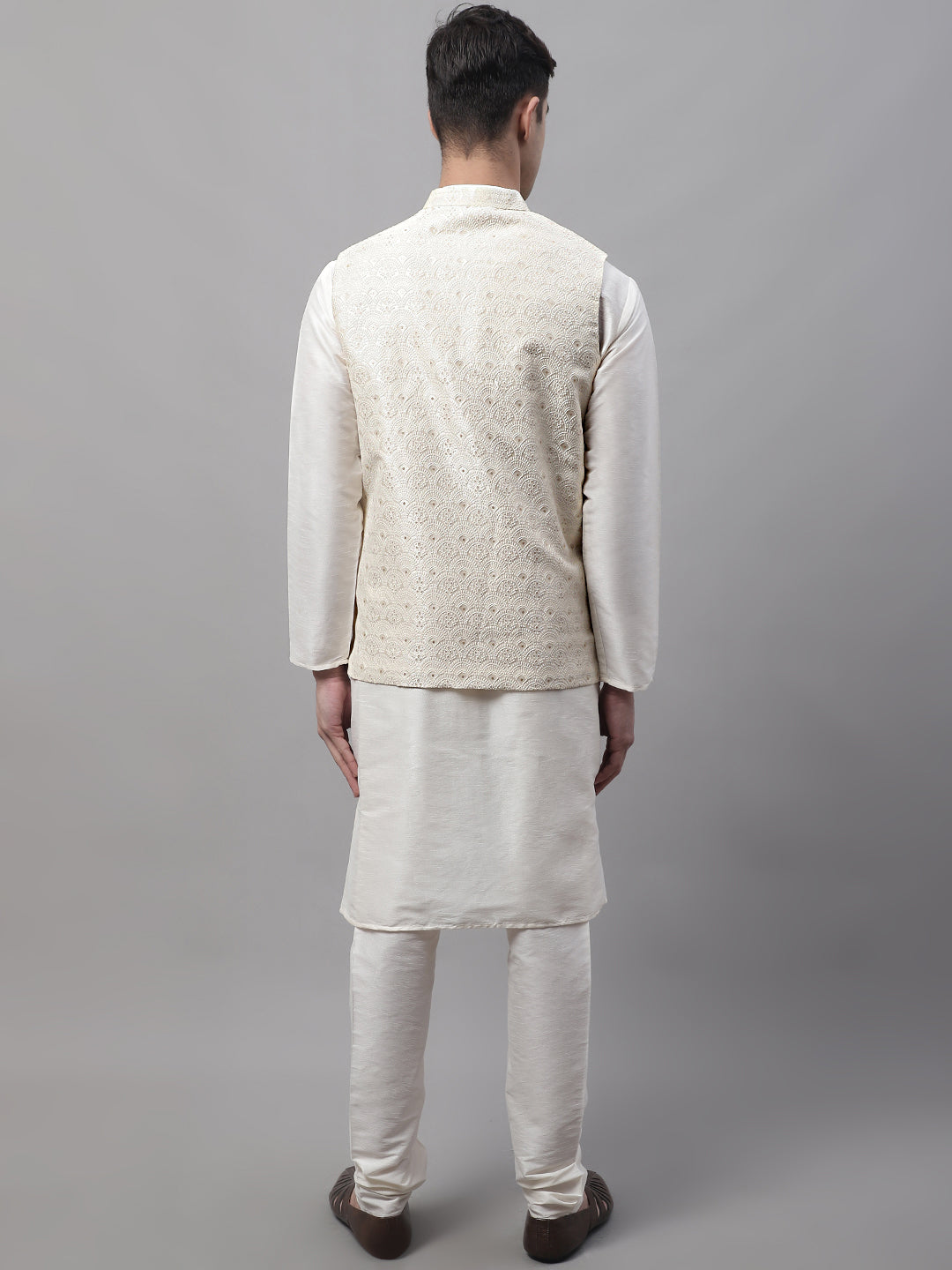 Men off-White Solid Kurta Pyjama with  Cream Woven Design Nehru Jacket