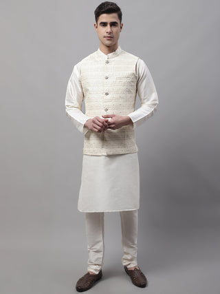 Men off-White Solid Kurta Pyjama with  Cream Woven Design Nehru Jacket